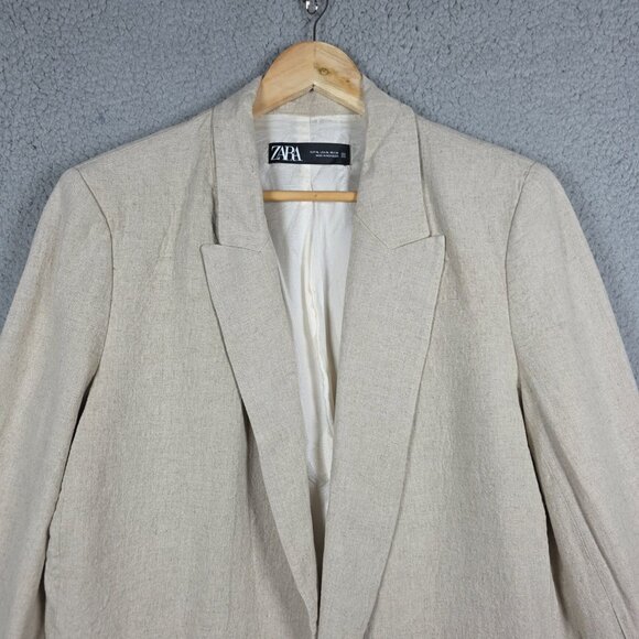 Zara Blazer Womens Size XL Beige Linen Blend Oversized Long Length Chic Office - Picture 2 of 12